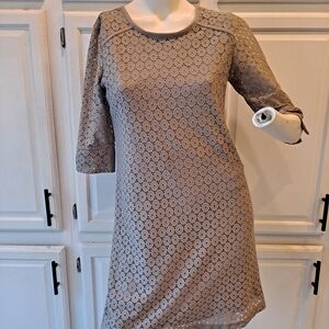 Emma & Michele Taupe Lace 3/4 Sleeve Mini Shift Dress